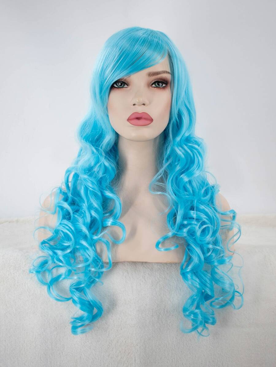 Long Curly Cosplay Wig With Bangs - Blue - View 1