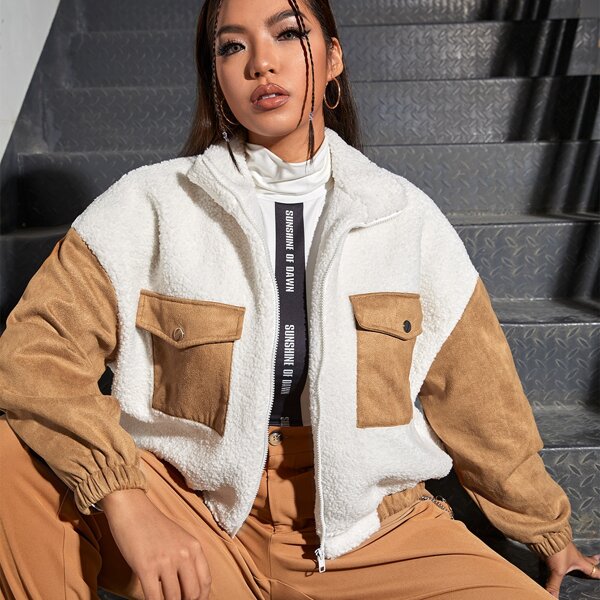 

Plus Color Block Drop Shoulder Flap Pocket Teddy Jacket, Multicolor