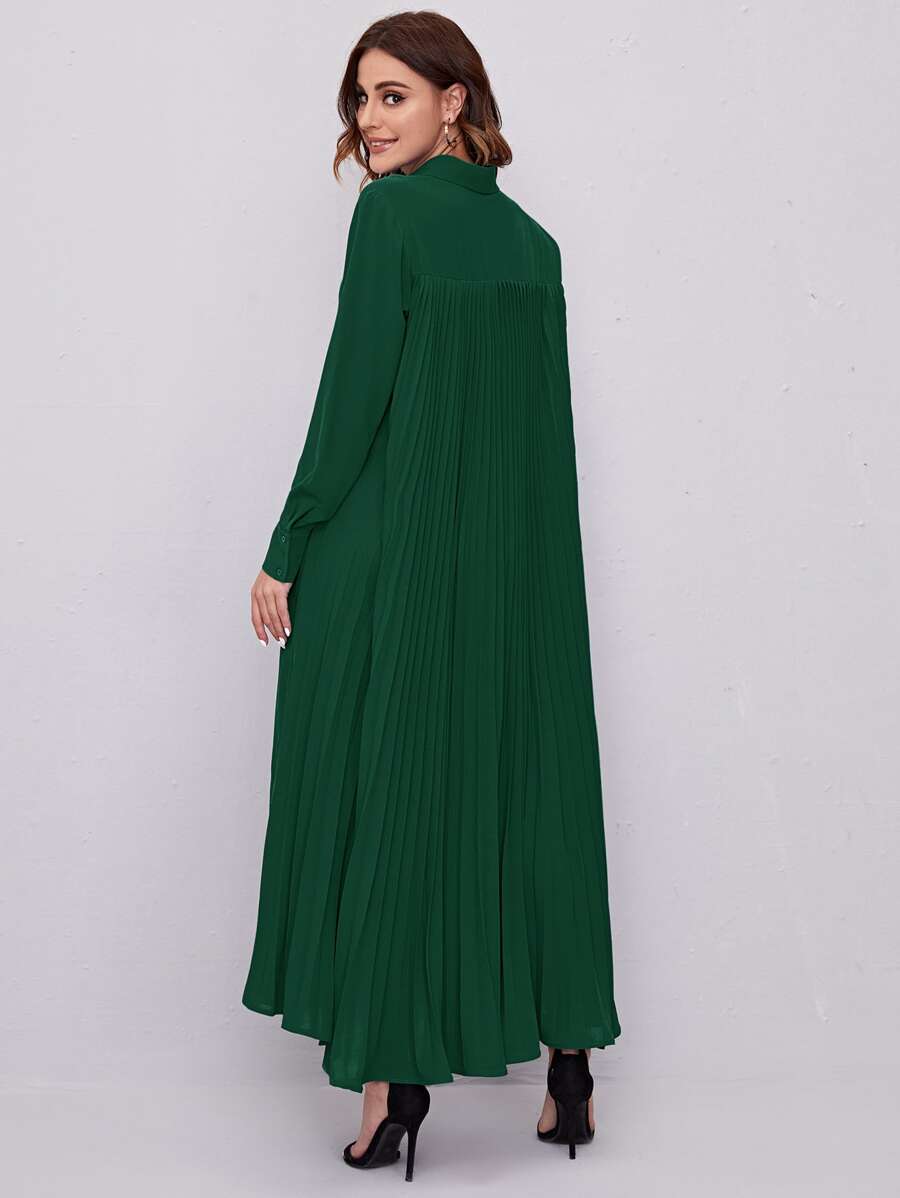 Mulvari Solid Pleated Back Shirt Dress - Dark Green - View 1