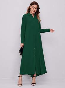 Mulvari Solid Pleated Back Shirt Dress - Dark Green - View 2