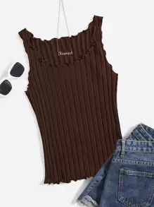 SHEIN EZwear Lettuce Trim Rib Knit Tank Top - Chocolate Brown - View 6