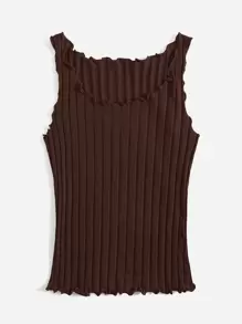 SHEIN EZwear Lettuce Trim Rib Knit Tank Top - Chocolate Brown - View 4