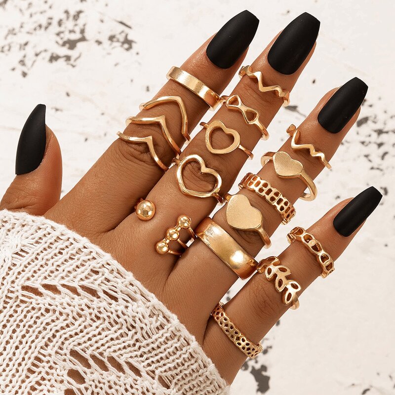 

17pcs Heart Decor Ring, Gold