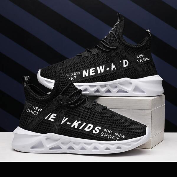 

Boys Letter Graphic Lace Up Decor Mesh Sneakers, Black and white