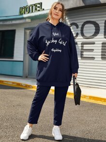 SHEIN Essnce Plus Drop Shoulder Letter Graphic Drawstring Hoodie & Pants Set - Navy Blue - View 2