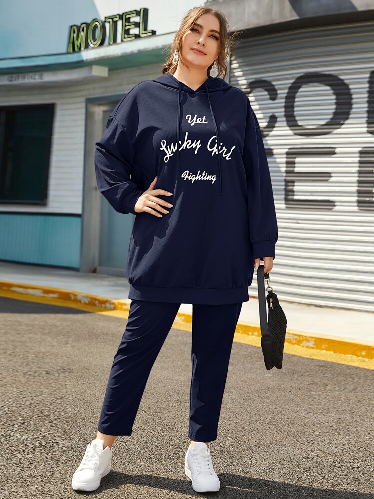 SHEIN Essnce Bộ thời trang Plus Size Dây kéo Slogan Thể thao - Màu xanh hải quân - Xem 1