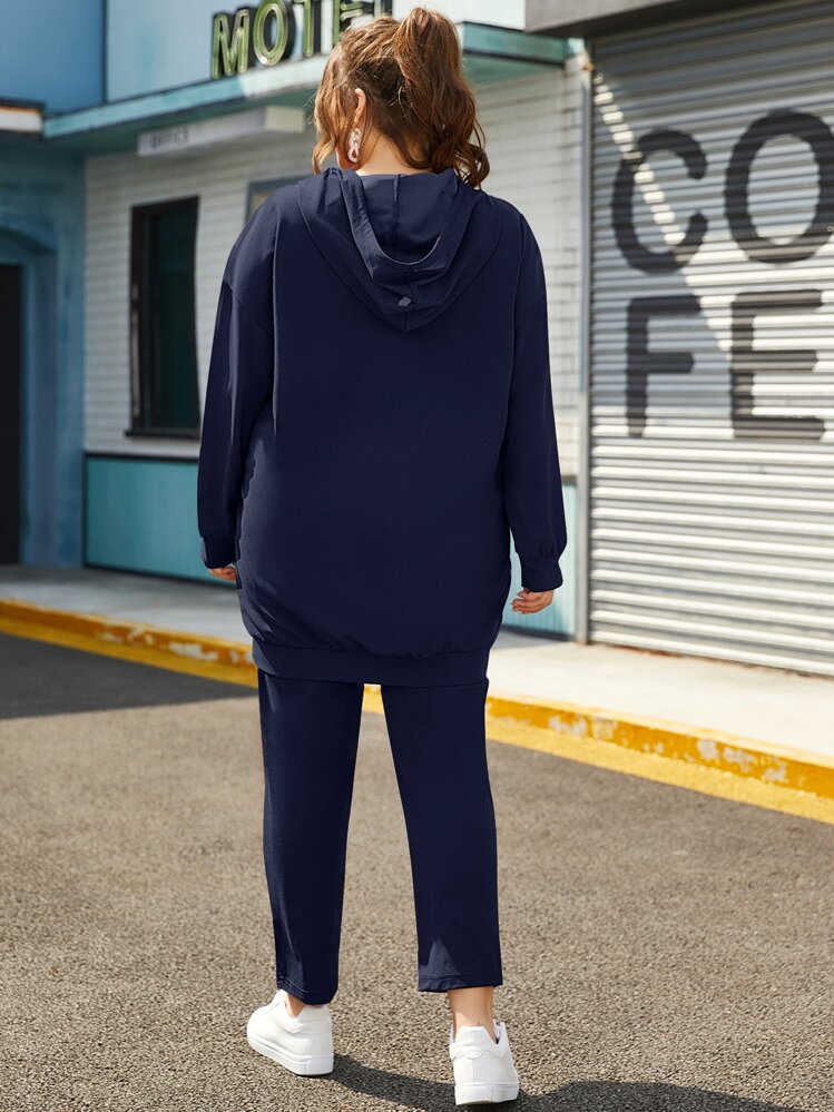 SHEIN Essnce Bộ thời trang Plus Size Dây kéo Slogan Thể thao - Màu xanh hải quân - Xem 2