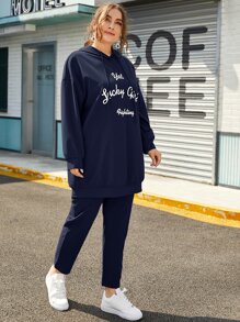 SHEIN Essnce Plus Drop Shoulder Letter Graphic Drawstring Hoodie & Pants Set - Navy Blue - View 4