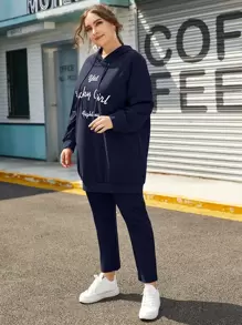 SHEIN Essnce Plus Drop Shoulder Letter Graphic Drawstring Hoodie & Pants Set - Navy Blue - View 5