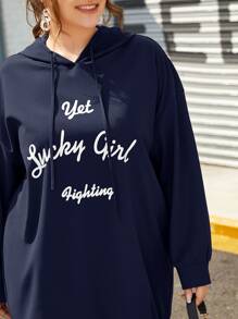 SHEIN Essnce Plus Drop Shoulder Letter Graphic Drawstring Hoodie & Pants Set - Navy Blue - View 6