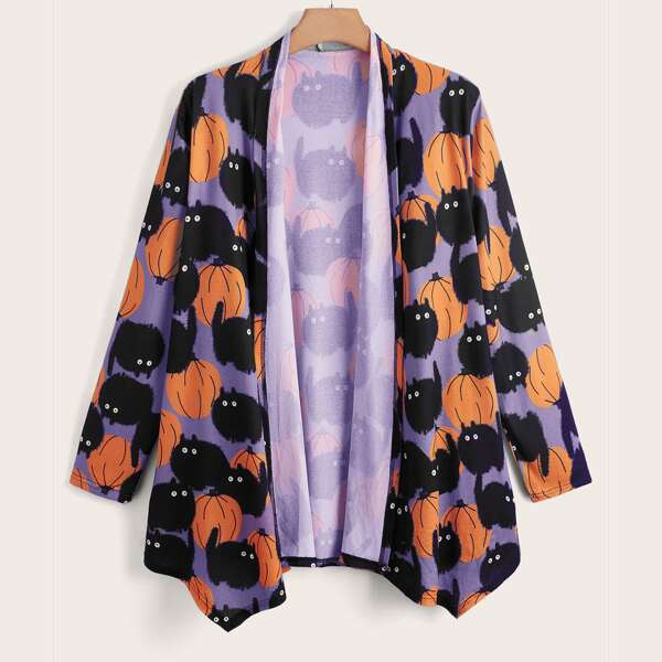 

Plus Halloween Print Open Front Coat, Multicolor