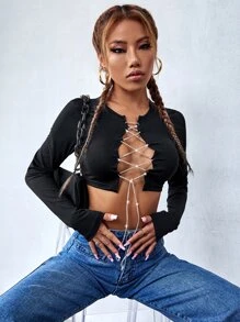 Top corto con cadena con cordón - Negro - Ver 3