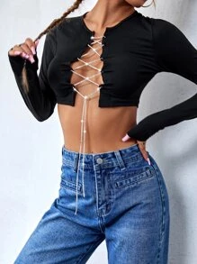 Top corto con cadena con cordón - Negro - Ver 5