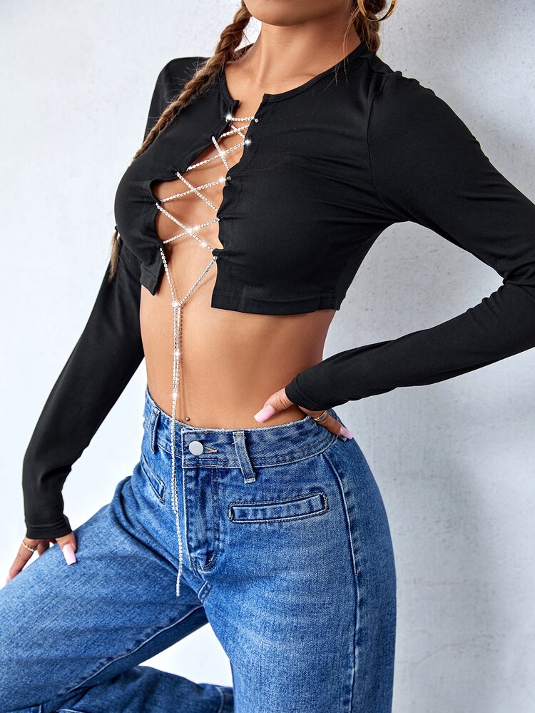 Top corto con cadena con cordón - Negro - Añade 6