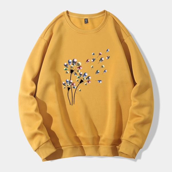

Plus Skeleton Print Drop Shoulder Thermal Lined Sweatshirt, Yellow
