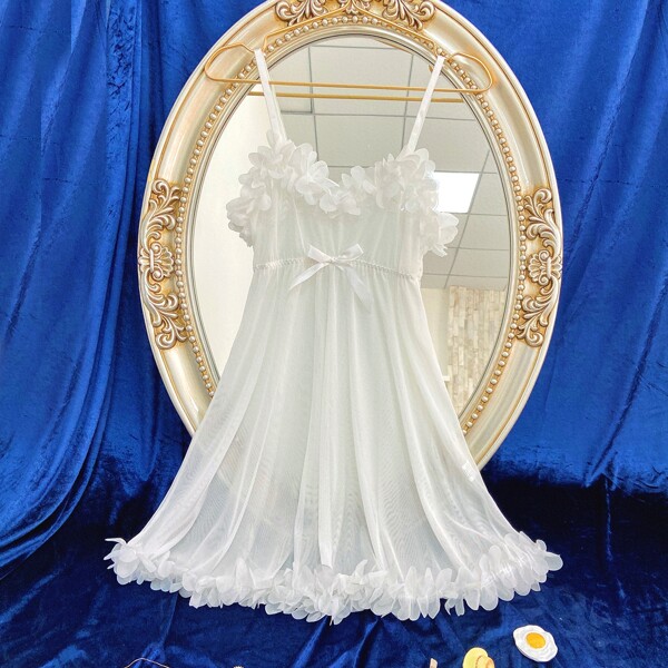 

Ruffle Mesh Sheer Cami Night Dress, White