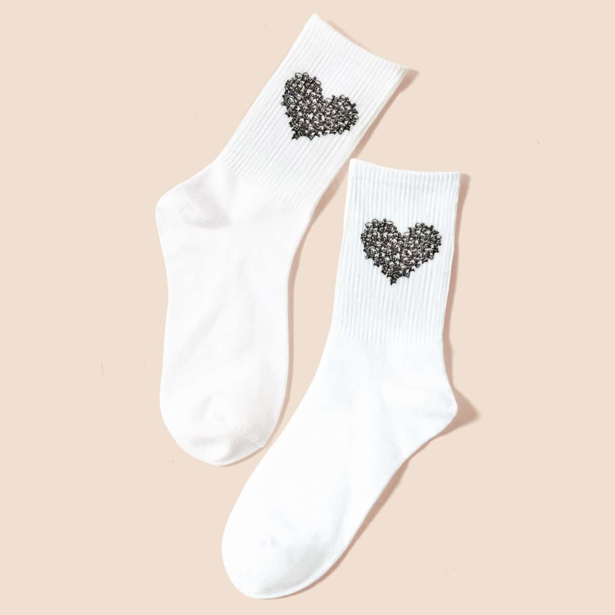 

Heart Print Crew Socks, Black and white