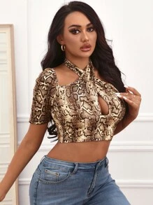 SHEIN SXY Criss Cross Snakeskin Print Peekaboo Front Halter Tee - Multicolor - View 5
