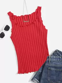 Muchica Lettuce Trim Rib Knit Tank Top - Red - View 1