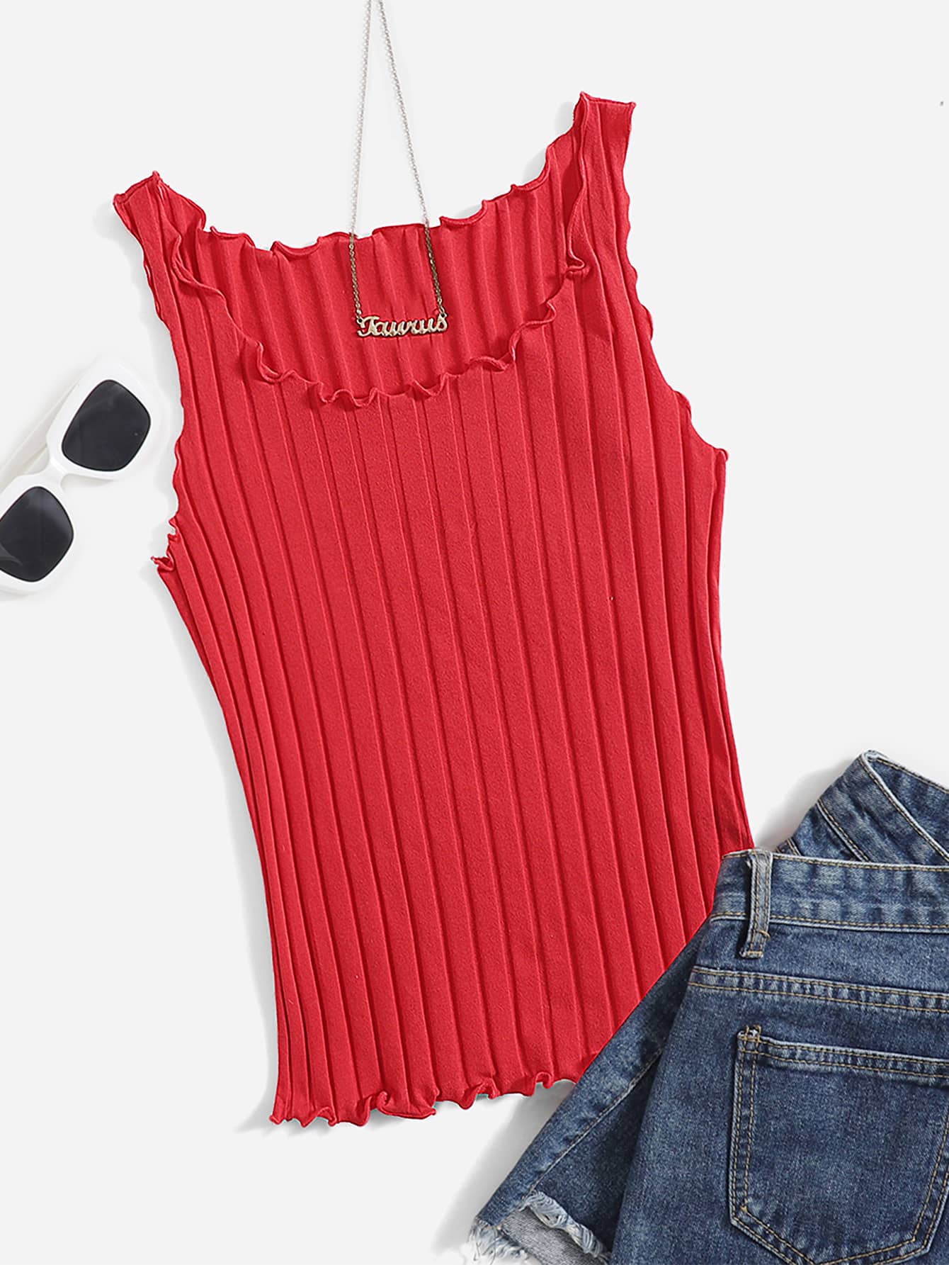 Muchica Lettuce Trim Rib Knit Tank Top - Red - View 1
