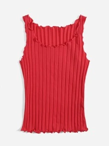 Muchica Lettuce Trim Rib Knit Tank Top - Red - View 4