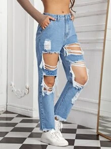 Quần jean nữ Nút Túi Hem thô Bị tách Dây kéo màu trơn - Rửa nhẹ - Xem 1