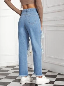 Quần jean nữ Nút Túi Hem thô Bị tách Dây kéo màu trơn - Rửa nhẹ - Xem 2