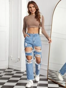 Quần jean nữ Nút Túi Hem thô Bị tách Dây kéo màu trơn - Rửa nhẹ - Xem 3