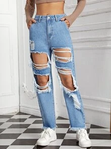 Quần jean nữ Nút Túi Hem thô Bị tách Dây kéo màu trơn - Rửa nhẹ - Xem 4