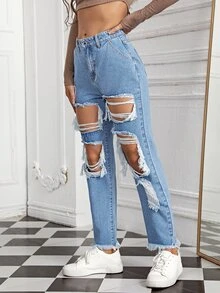 Quần jean nữ Nút Túi Hem thô Bị tách Dây kéo màu trơn - Rửa nhẹ - Xem 5