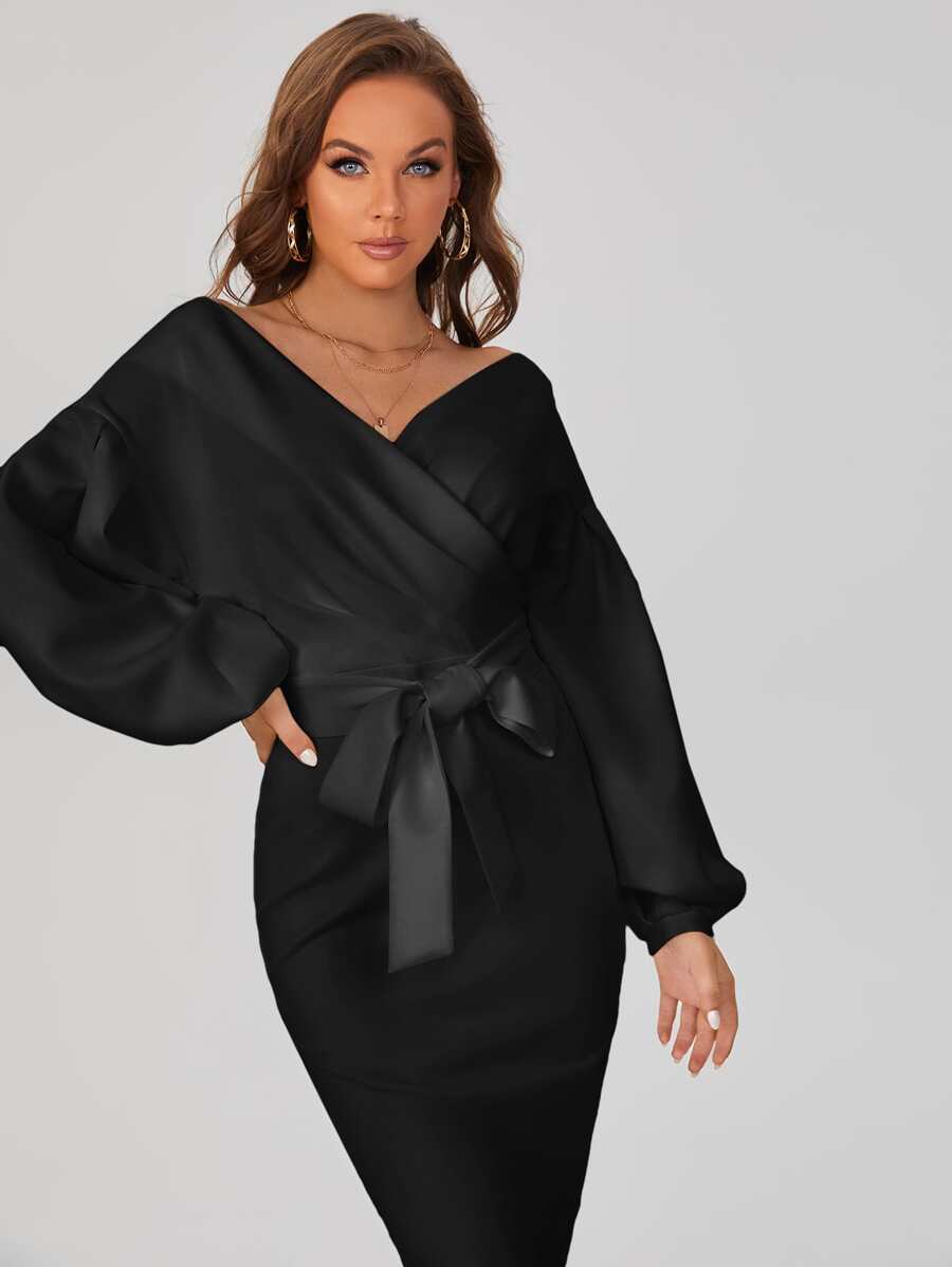 SHEIN Tall Surplice Neck Drop Shoulder Belted Dress - Black - View 1
