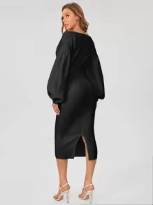 SHEIN Tall Surplice Neck Drop Shoulder Belted Dress - Black - View 2