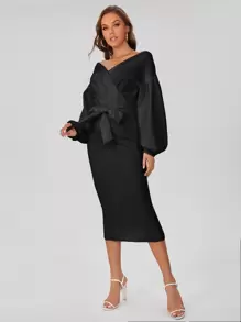 SHEIN Tall Surplice Neck Drop Shoulder Belted Dress - Black - View 4