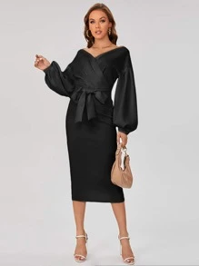 SHEIN Tall Surplice Neck Drop Shoulder Belted Dress - Black - View 5