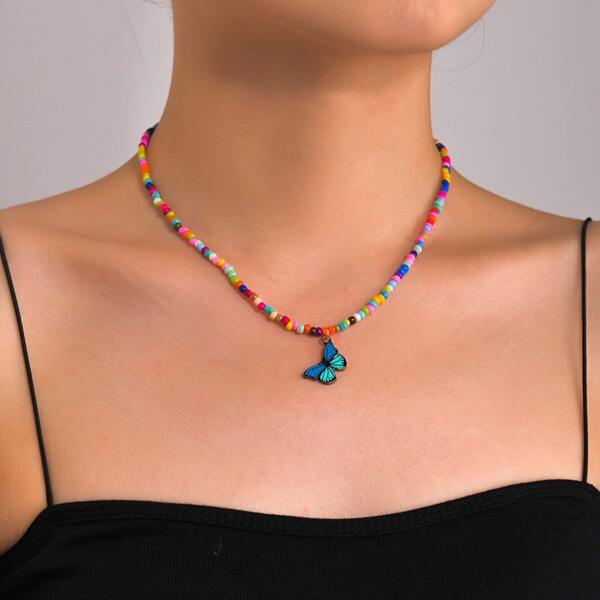 

Butterfly Pendant Beaded Necklace, Multicolor