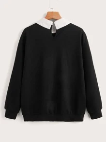 SHEIN Sudadera de cuello en contraste de hombros caídos con estampado de letra - Negro - Ver 2
