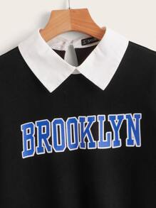 SHEIN Sudadera de cuello en contraste de hombros caídos con estampado de letra - Negro - Ver 3