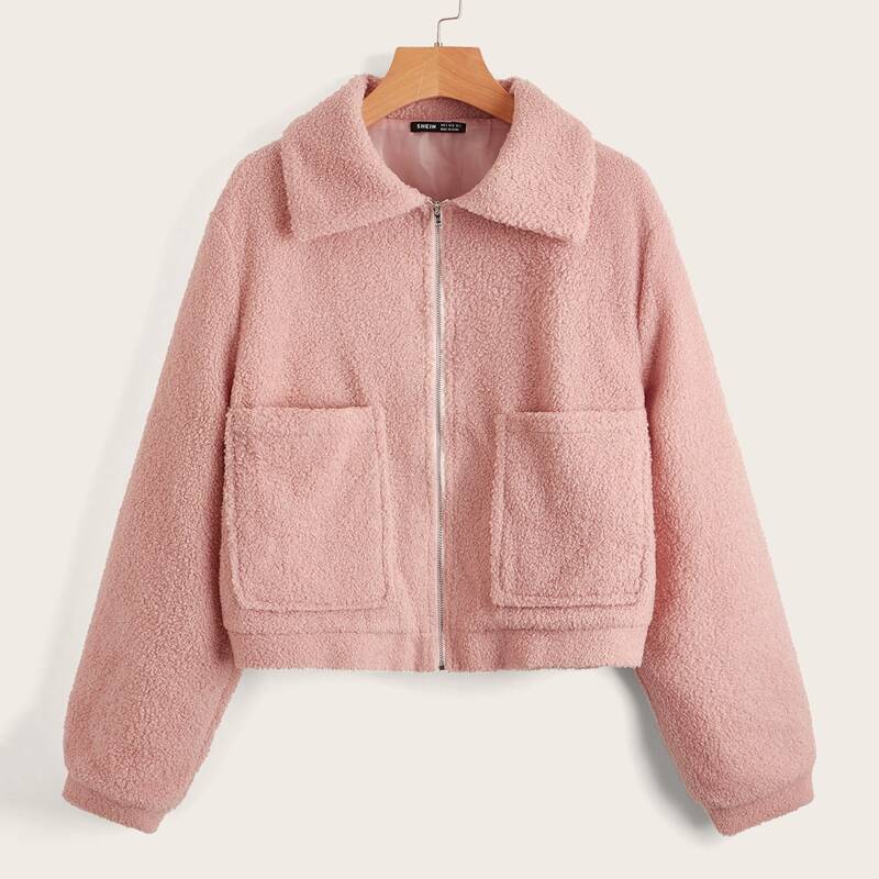 

Dual Pocket Zipper Fleece Jacket, Dusty pink
