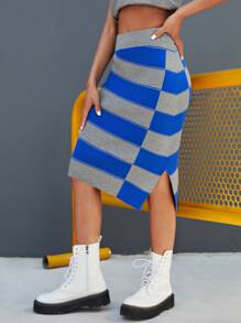 SHEIN EZwear 撞色不對稱下擺開衩半身裙 - 彩色 - 查看 1