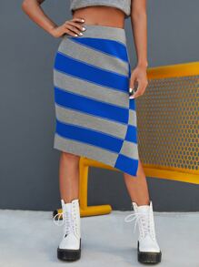 SHEIN EZwear 撞色不對稱下擺開衩半身裙 - 彩色 - 查看 3