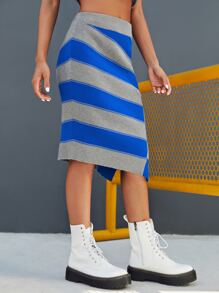 SHEIN EZwear 撞色不對稱下擺開衩半身裙 - 彩色 - 查看 4