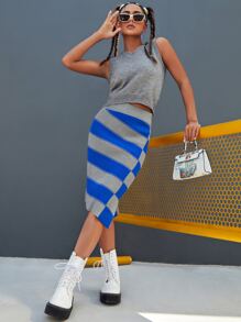 SHEIN EZwear 撞色不對稱下擺開衩半身裙 - 彩色 - 查看 5