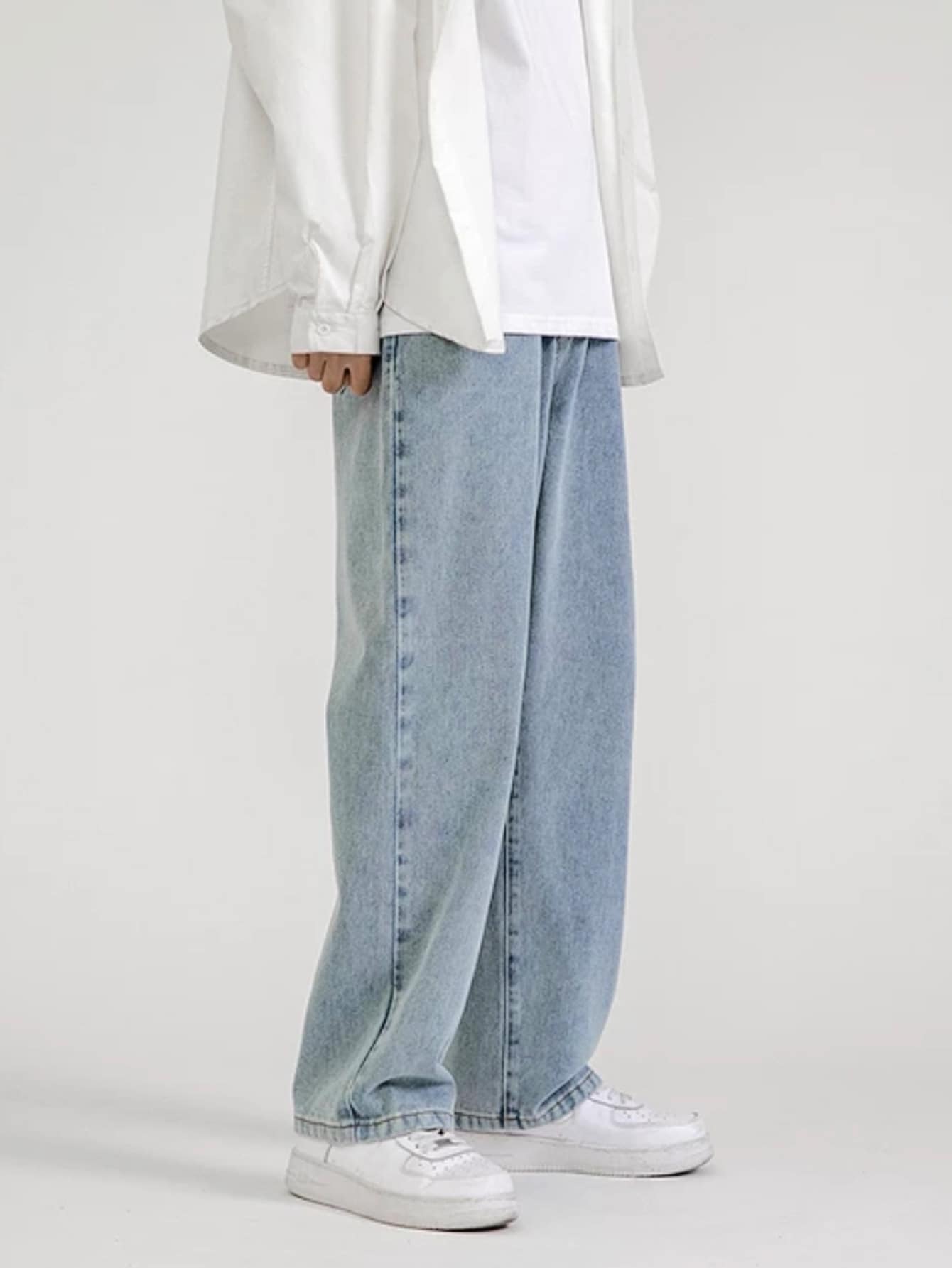 Chillumni 宽松男士纯色阔腿牛仔裤，带斜口袋，纯色长款水洗宽松浅蓝色工装牛仔裤，轻便牛仔裤，适合丈夫、男朋友的礼物 - 淺色水洗藍 - 查看 1