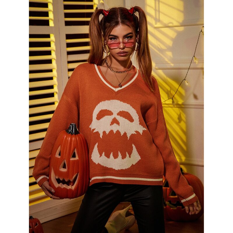 

Drop Shoulder Skull Pattern Sweater, Orange