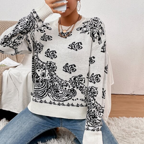 

Drop Shoulder Graphic Pattern Waffle Knit Sweater, Black and white