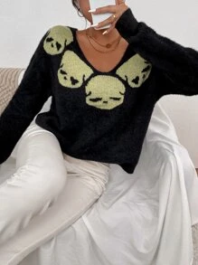 Chiquease 落肩袖骷髏圖案套頭毛衣 - 黑色 - 查看 3