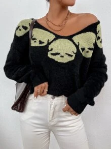 Chiquease 落肩袖骷髏圖案套頭毛衣 - 黑色 - 查看 4