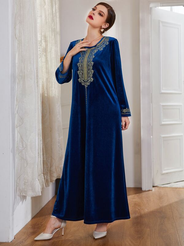 SHEIN Najma Geo & Scroll Embroidery Velvet Dress SHEIN USA