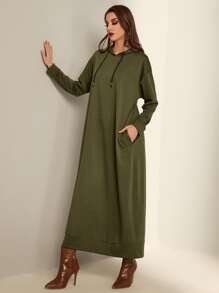 Mulvari 落肩袖隱藏口袋抽繩連帽洋裝 - 墨綠色 - 查看 1