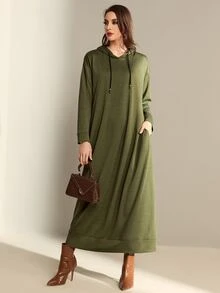 Mulvari 落肩袖隱藏口袋抽繩連帽洋裝 - 墨綠色 - 查看 3